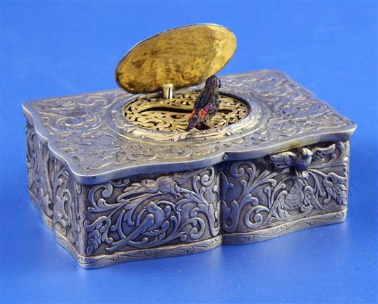 An early 20th century Swiss silver singing bird box, 4in.